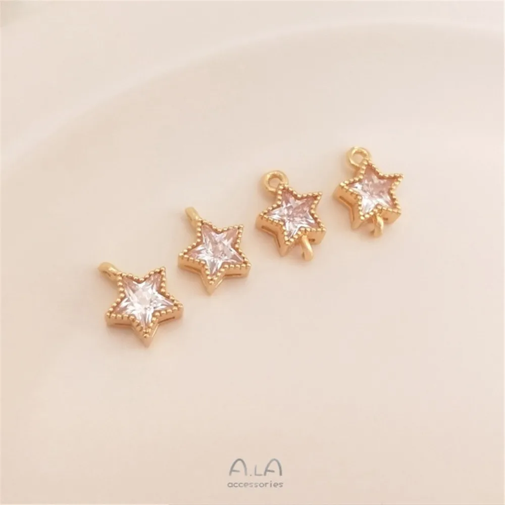 14K Bag Real Gold 3A Pentagram Star Zirconia Pendant DIY Flash Zirconia Double Hanging Single Hanging Ear Jewelry Accessories
