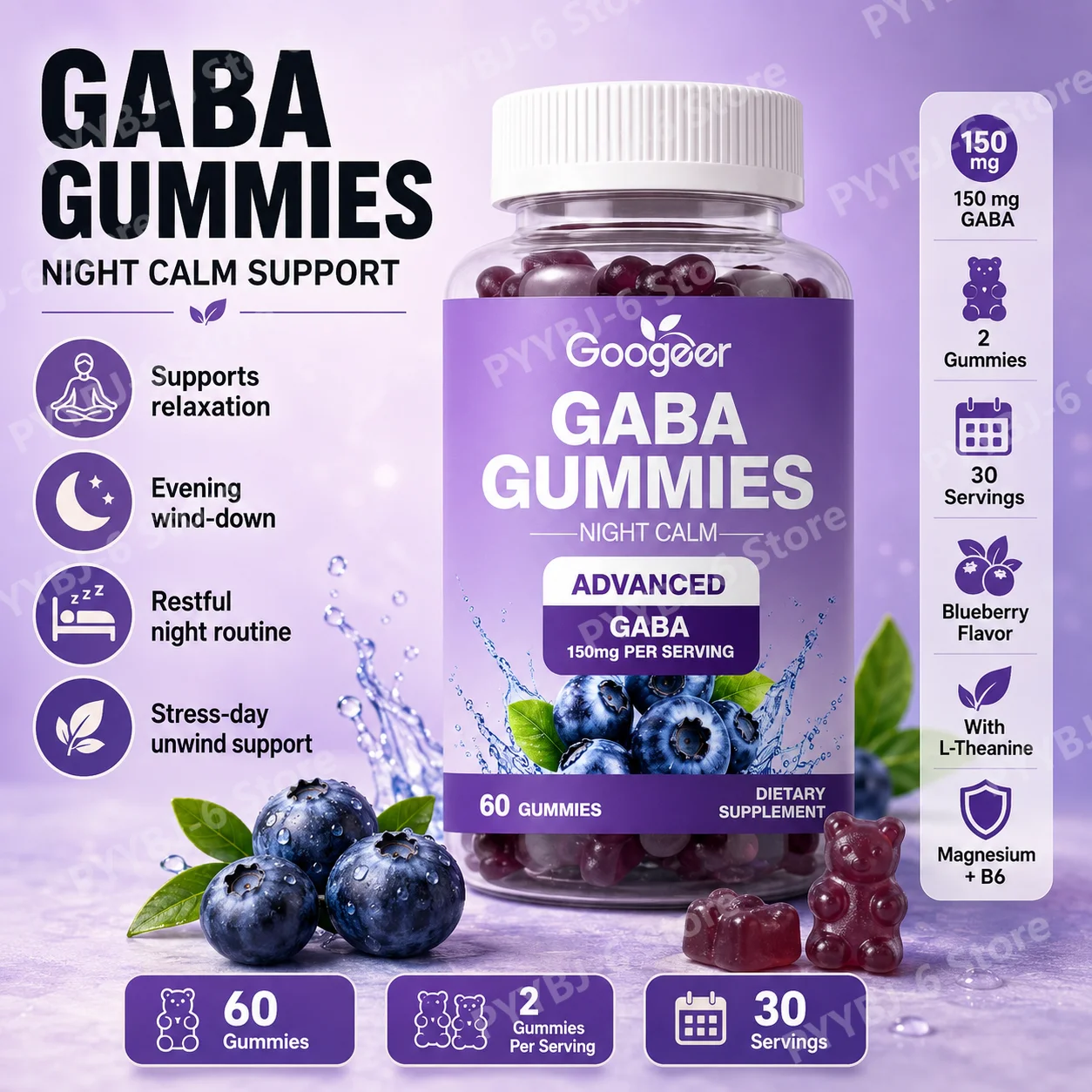 Googeer GABA Gummies 150mg with L-Theanine Magnesium B6 Valerian Root Lemon Balm for Relaxation Nighttime Support 60 Gummies