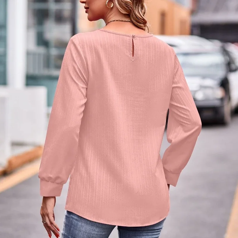 Casual Loose Clothes Tshirt Women Long Sleeve Tops 2024 Autumn New Fashion Solid Color Jacquard T-shirts Round Collar Tees 28286