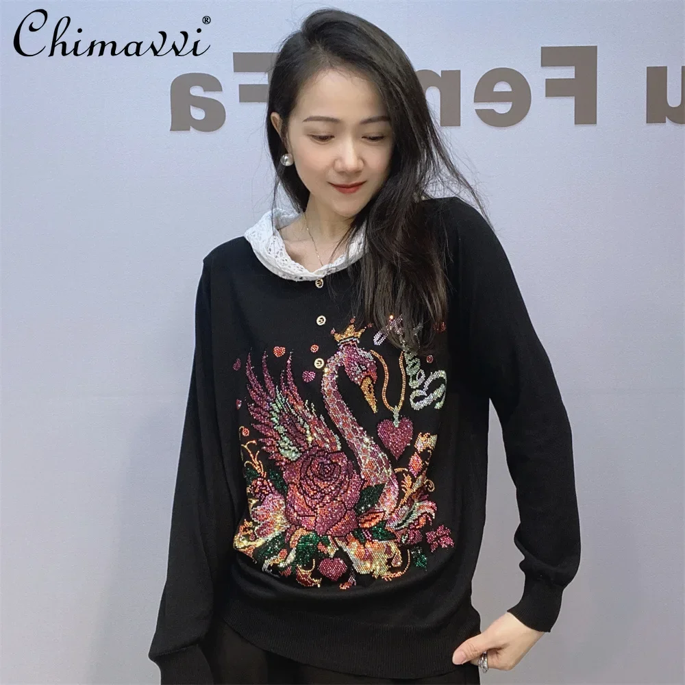 

Hooded Knitted Sweater Women Autumn New European Hot Diamond Women's Fashion High Street Long-sleeved Large-size Knitted Top