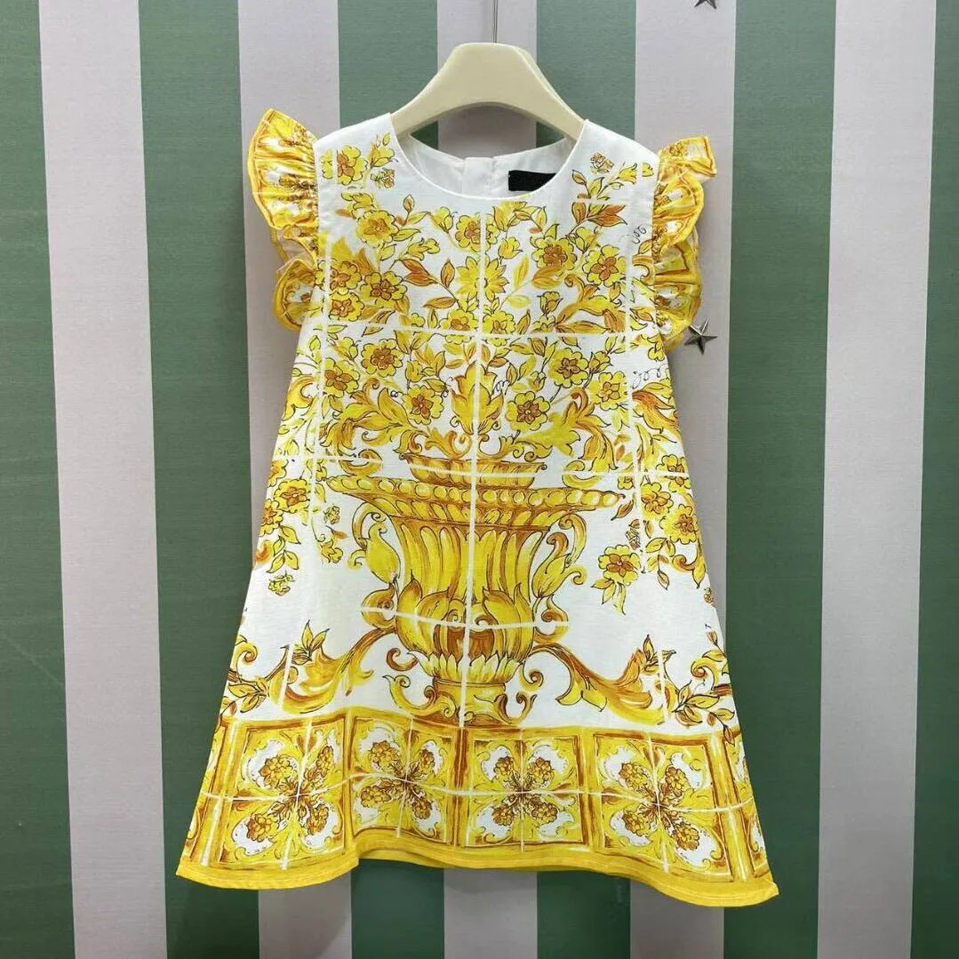 2024 Summer Dresses Yellow Flower Printed Holiday Palace Cotton Girl Dress New Children's Clothing
