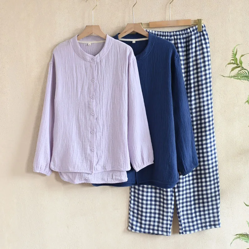 

2025 Spring Autumn Couples Casual Pajama Set 100% Cotton Men and Women Japanese Plaid Sleepwear Sets Male Long Sleeved Homewear