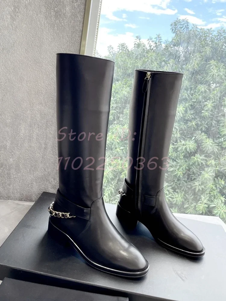 Black Metal Chain Mid-calf Boots Round Toe Leather Slip-on Square Heel Knight Boots 2024 Women Concise New Shoes Street Style