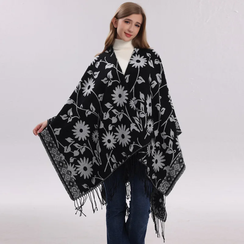 Jacquard shawl, women's tassel trim, slit design, knitted, thickened, faux cashmere, versatile outerwear.
