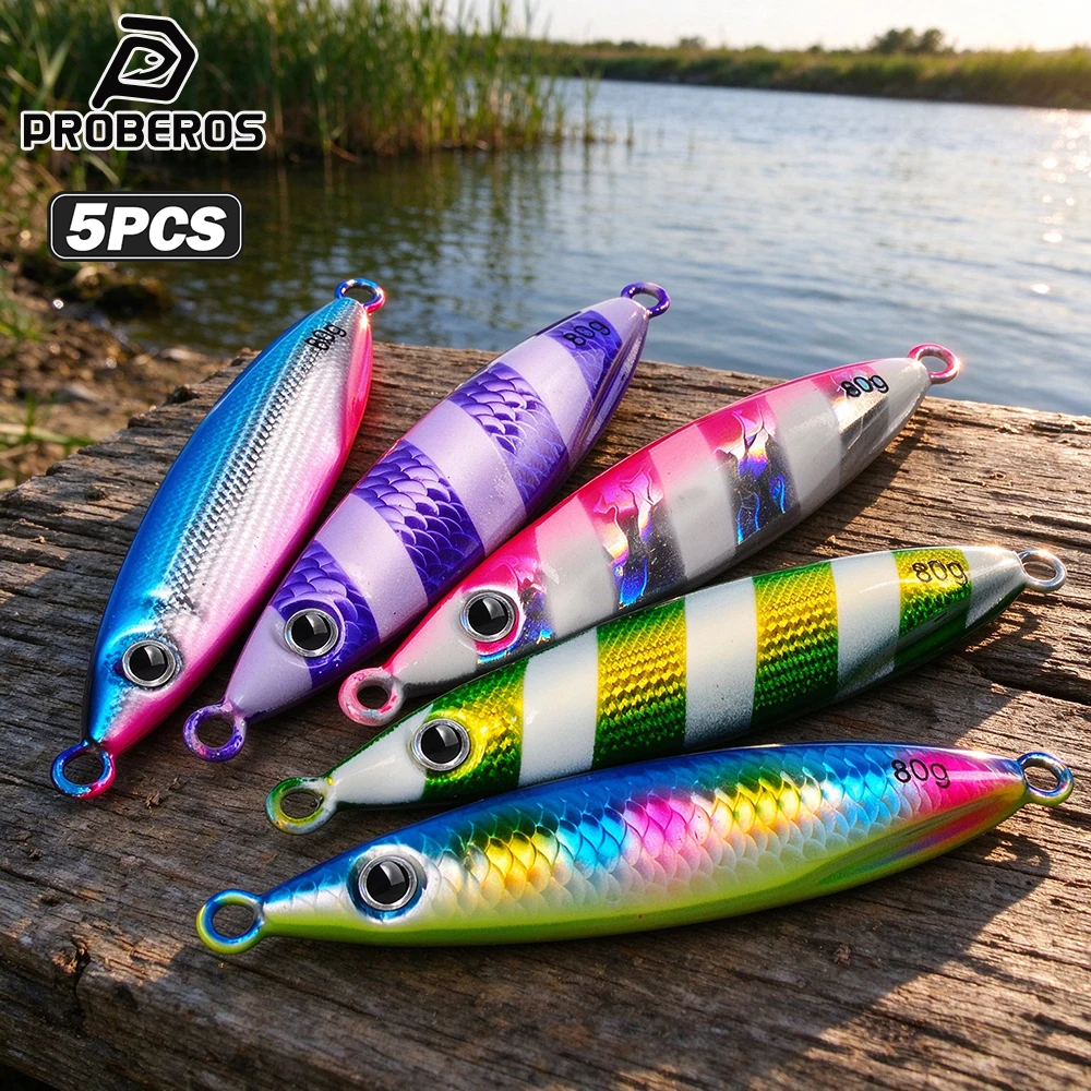 Proberos 5pcs Slow Sinking Shore Casting Metal Jig 30g 40g 50g 60g 80g Saltwater Jigging Lure Artificia  Luminous Bait