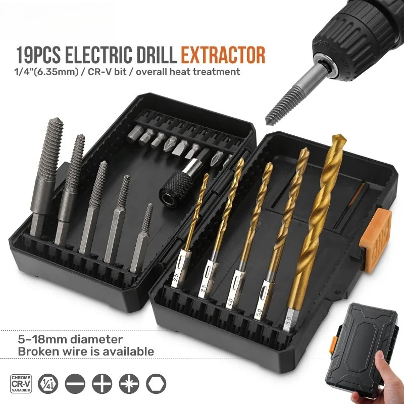 19pcs Screw Extractor and Left Hand Drill Bit Set - Cobalt HSS Drill Bits, Broken Damaged Screw Extractor Set