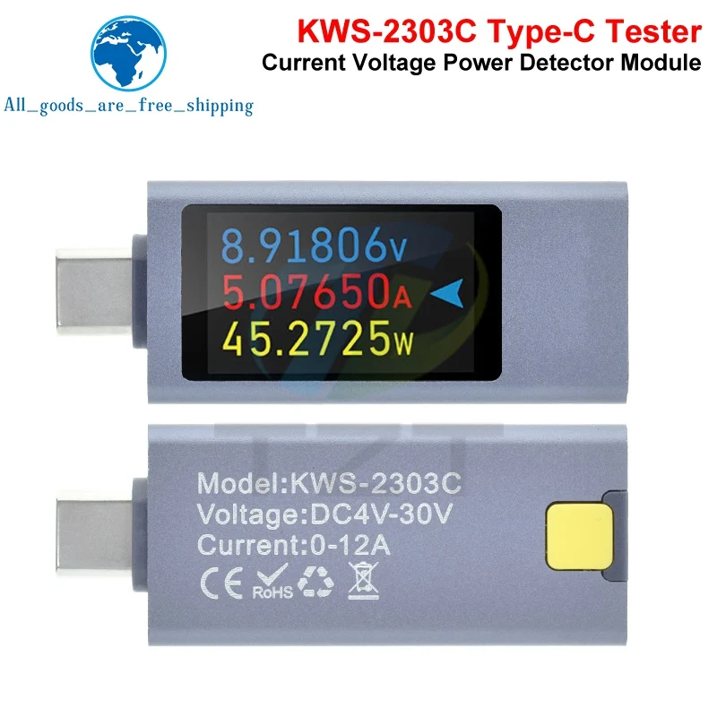 KWS-2303C Multi-function Digital Display DC Voltage Ammeter Power Meter Type-c Cell Phone Charging Tester DC 4-30V 0-12A