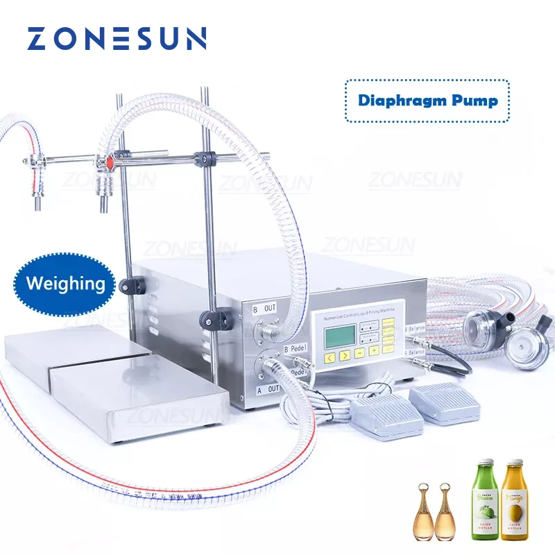 ZONESUN ZS-DP622W Semi Automatic Weighing Filling Machine Hand Sanitizer Perfume Shampoo  Double Nozzles Water Bottle Filler