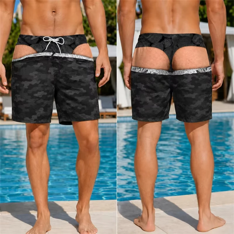 Unisex Camo Tiger Print Funny 3D Optical Illusion Swim Trunks Fake Cut‑out Drawstring Quick‑Dry Beach Shorts for Party Holiday