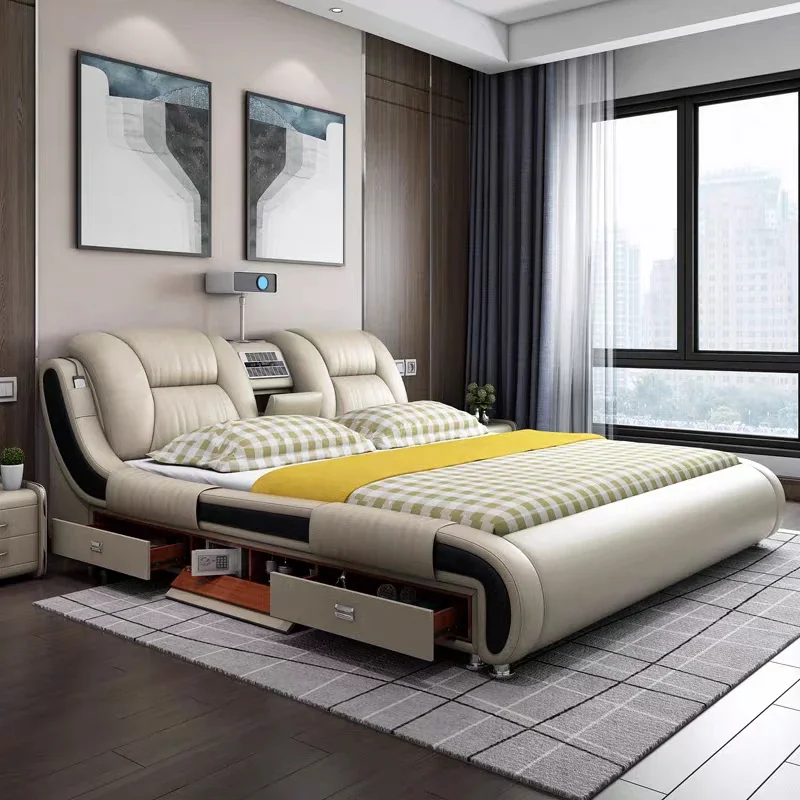 Leather Soft Storage Bed Smart Bedroom Furniture Double Functional King Size Bed Luxury Upholstered Massage Bed