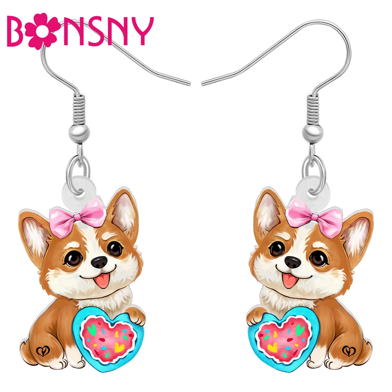 BONSNY Acrylic Adorable Plush Corgi Dog Drop Dangle Earrings Jewelry For Women Girls Romantic Gifts Valentine’s Day