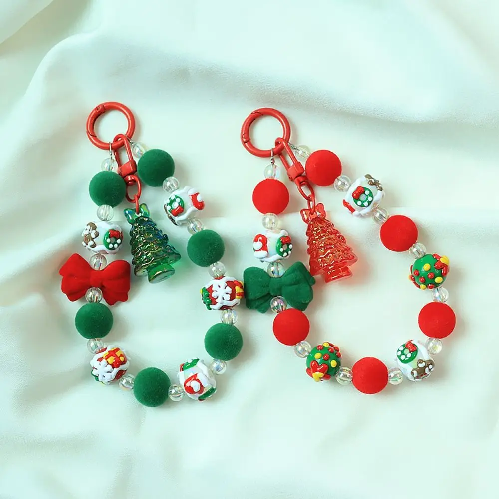 Santa Claus Plush Beads Keychain Flocked Bowknot Bracelet Plush Beads Keyring Christmas Tree Anti-lost Beaded Cell Phone Lanyard