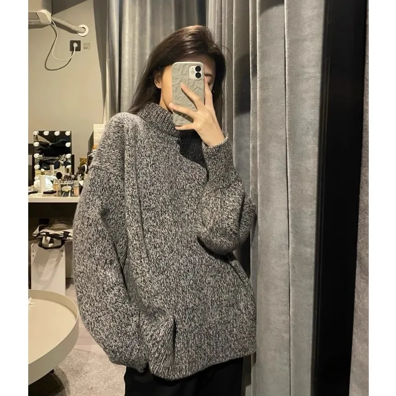 高級グレーのハイネック100％ピュアカシミヤセーター、女性用ルーズセーター、秋冬用ウールニットセーター