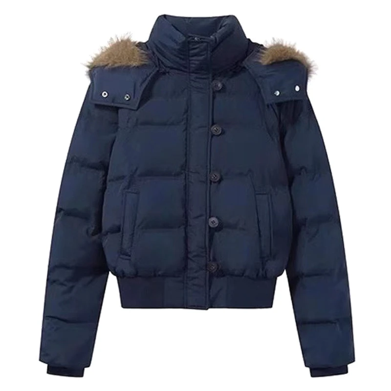 

Parkas Coats Women Jackets Short Solid Pocket Zipper Big Fur Collar Hooded Long Sleeve Thick Loose Fit Casual 2025 Autumn Winter