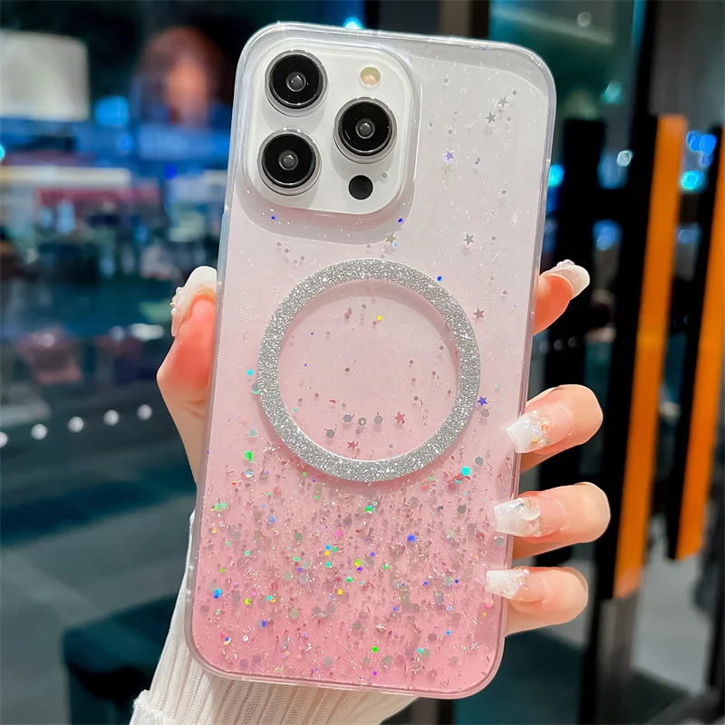 Transparent Glitter Magnetic Phone Case For iPhone 14 Pro Max 13 12 11 Pro Max 7 8 Plus X XR XS Max Candy Color Soft TPU Cover