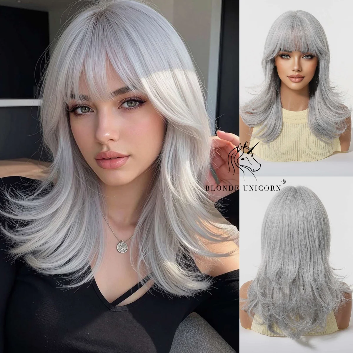 Silver Grey Long Wavy Wig With Bangs Heat Resistant Synthetic Hair Natural Wigs for Women Daily Party Halloween Cosplay Use