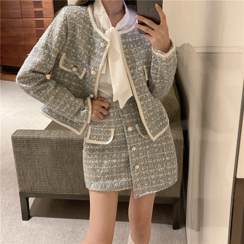 Spring Women Korean Vintage Elegant Tweed Two Piece Set Long Sleeve Short Jacket High Waist Irregular Skirt 2 Piece Suit Outfits