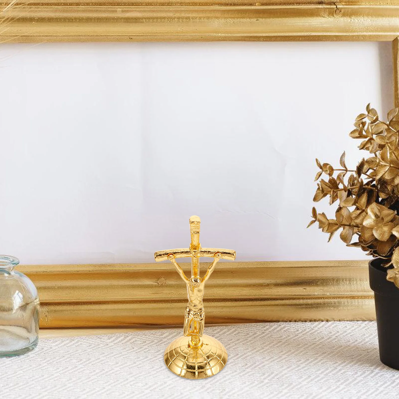 

Vintage Metal Crucifix Ornament with Adhesive Base for Home and Car Dashboard Decor Zinc Alloy Christian Standing Cross