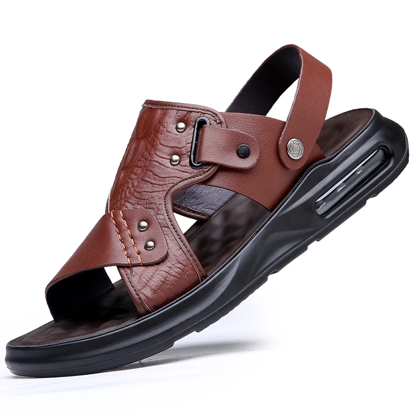 

Trendy Split Leather Men's Beach Sandals Outdoor Men's Hiking Sandals with Air Cushion Summer Mid-Sole Massage Men's Sandals