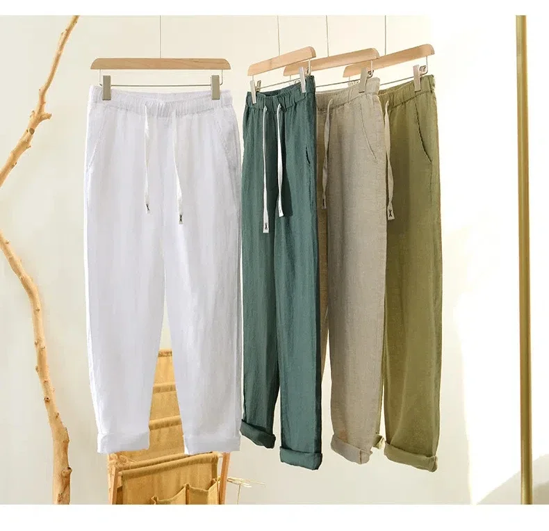 

Summer Pure Linen Pants Man Breathable Beach Men Pants Casual Drawstring Elastic Waist Straight Green Nine-point Pants Simple