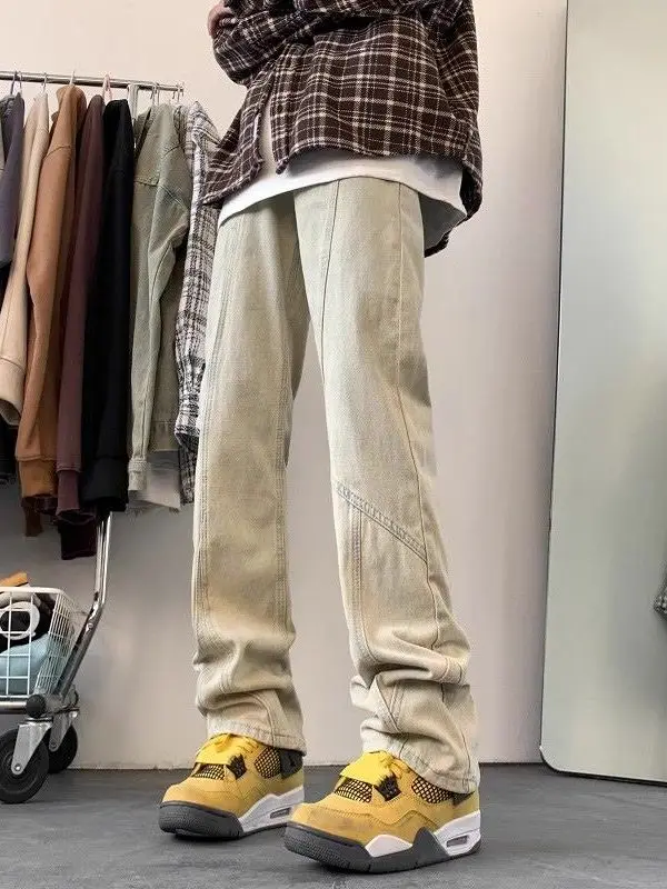 

American Retro High Street Yellow Clay Color Men's Spring Autumn Slim Straight Leg Jeans Durable Casual Wear Comfortable Fit