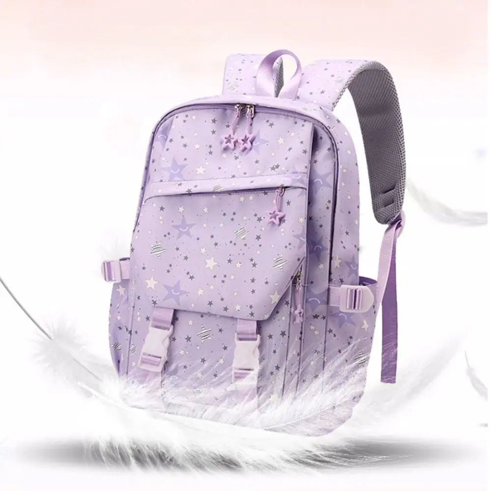 Cute Star Print School Backpack Large Capacity Adjustable Girls Schoolbag Splash-Resistant Multi-pockets Laptop Shoulders Bag