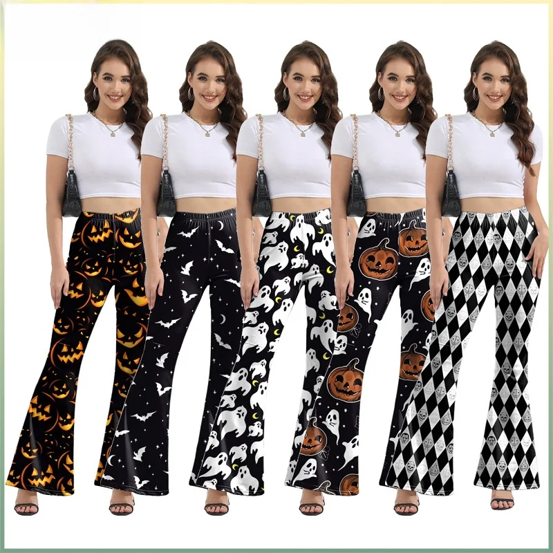loween Costume Bell Bot Pants Pumpkin Pattern Casual Long Trousers for Women Polyester Fiber 00% Autumn Faion