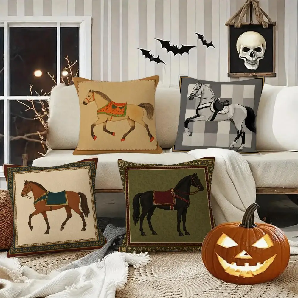 Vintage Horse Portrait Art Cushion Cover Halloween decoration trick or treat cushion cover, ghost, pumpkin head, bat decoration