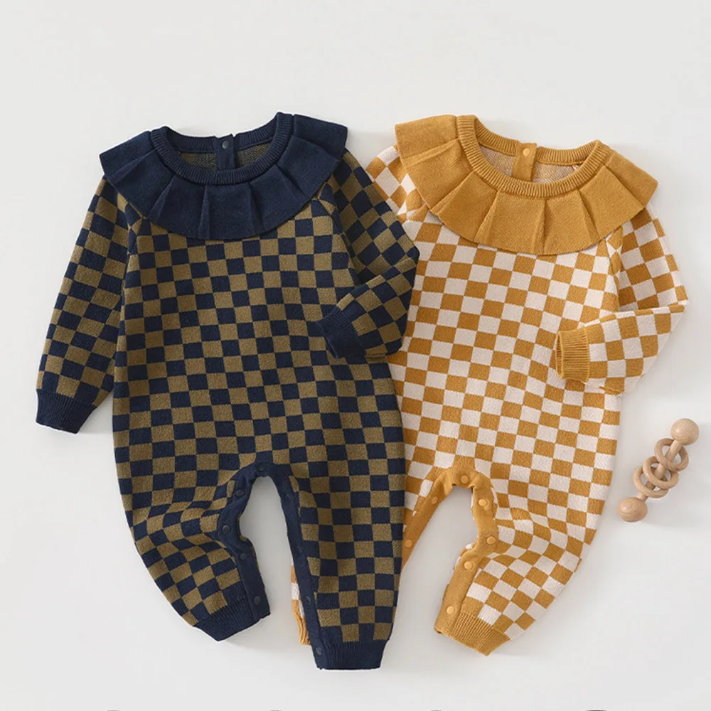 Baby Boy Christmas Romper Knitted Long Sleeve Plaid Spring Autumn Winter 1st Birthday Infant Girl Jumpsuit Unisex Baby Clothes