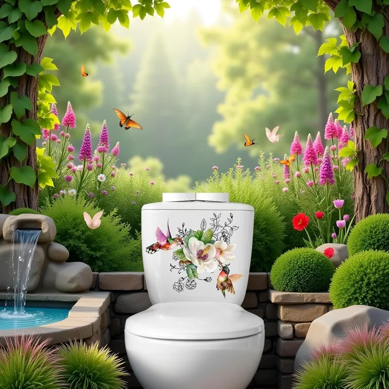 1 piece of watercolor style hummingbird magnolia toilet sticker, spring flower bird flower toilet cover sticker, easy to peel an