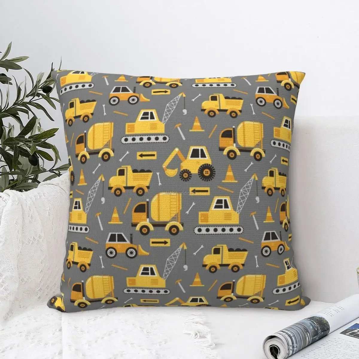 Construction Trucks on Gray Pillowcase Printing Polyester Cushion Cover Gift Cartoon Excavator Anime Throw Pillow Case 45cm 18In