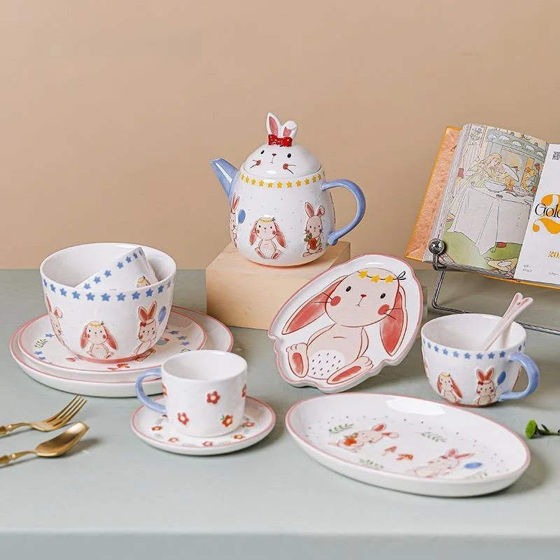 

Rabbit Ceramic Tea Pot Coffee Cup Plate Cartoon Dining Utensils Home Use Relief Glaze Japanese Style round Shape Porcelain Bowl