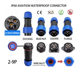 IP68 Aviation Waterproof Connector 2/3/4/5/6/7/9Pin Screw Wiring Cable Connector Male/Female Plug Socket Nut/Square/Docking