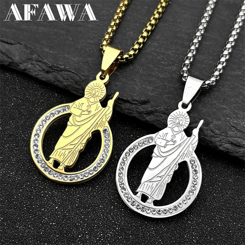 San Judas Tadeo Rhinestones Pendant Necklace for Men Women Stainless Steel Gold Color Saints Apostle of Jesus Chain Jewelry