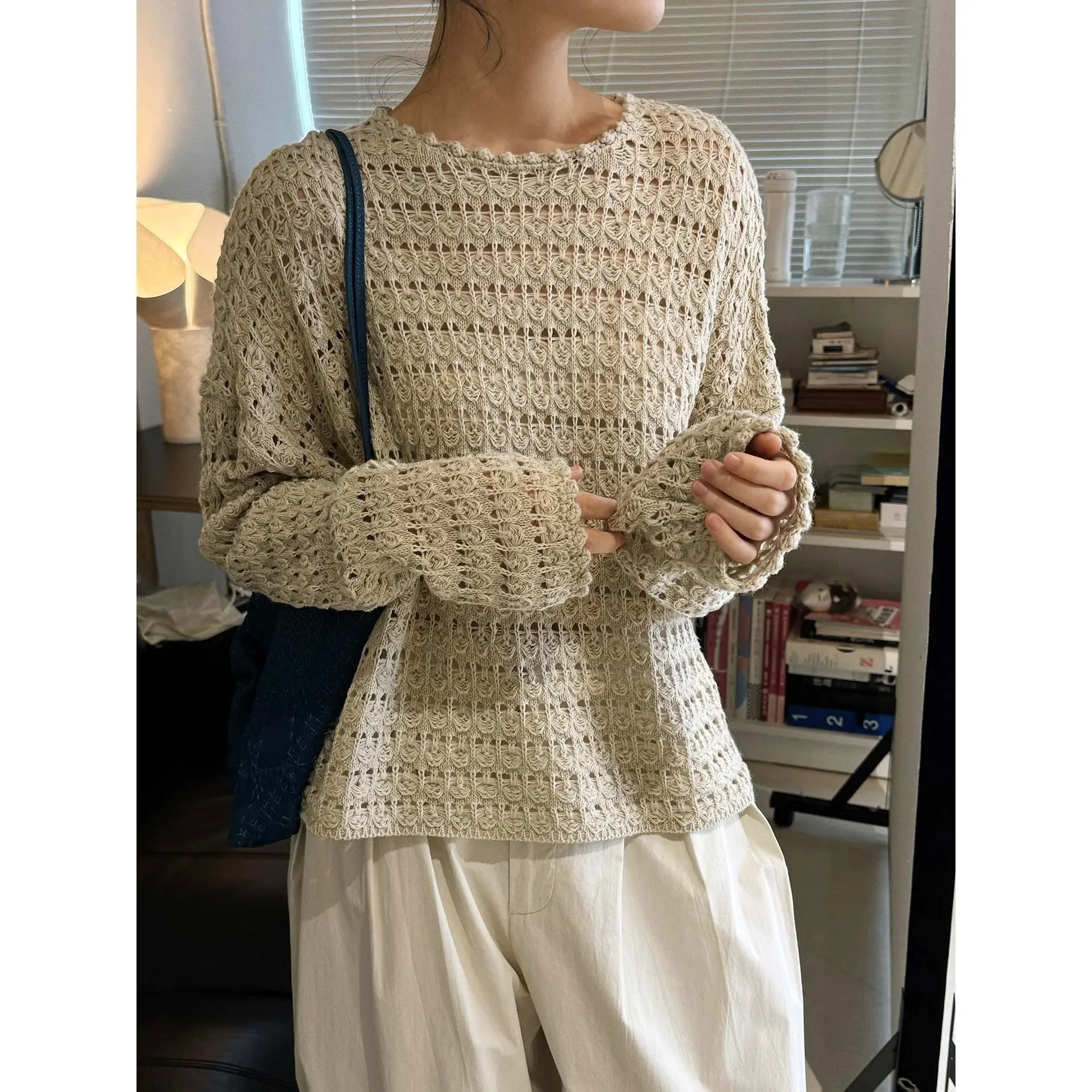 Hollow Out Batwing Sleeve Loose Knit Pullover for Women Spring Casual Sweater Top