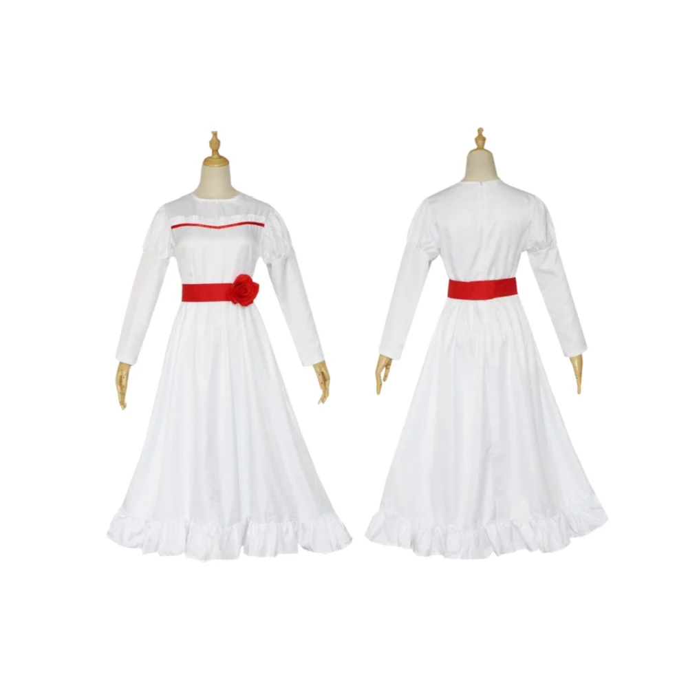 ANNA cosplay dress black and white two tone soul summoning horror doll costume long sleeved red rose waist cinching long skirt H view 2