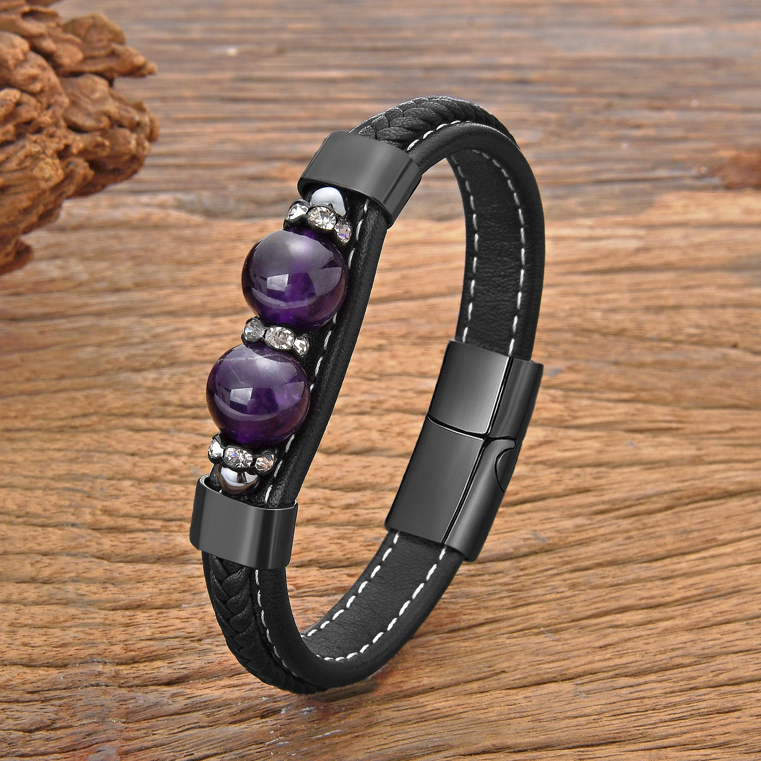 High Quality Natural Onyx Tiger Eyes Lava Stone Braclet Homme Stainless Steel Clasp Weave Leather Braslet Pulsera Hombre Gifts