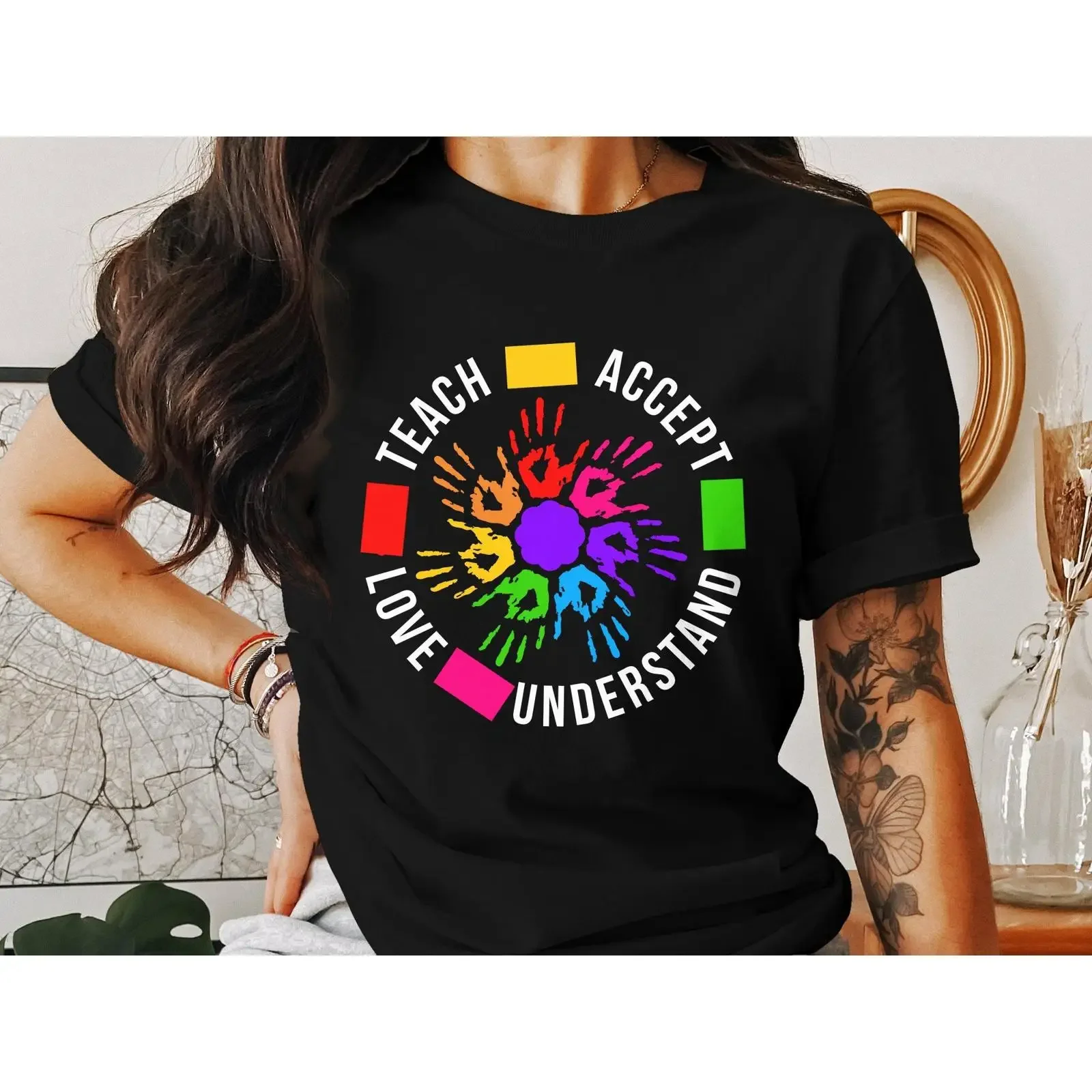 Teach Accept Love Understand Autism Awareness Rainbow Handprint T Shirt Special Education Teacher Therapist  vintage Washed