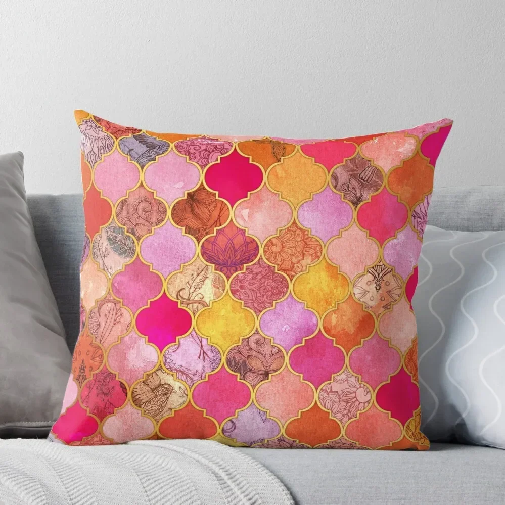 Hot Pink, Gold, Tangerine & Taupe Decorative Moroccan Tile Pattern Throw Pillow Pillow Case Christmas Pillow