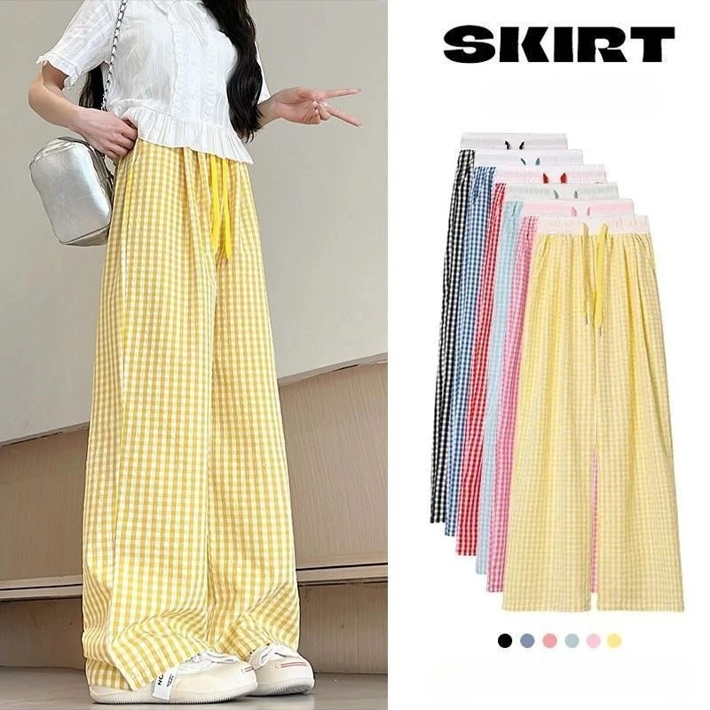 Checkered Pants for Women Summer Thin Ice Silk Wide Leg Pants with A Hanging Feel Plaid Dopamine Pants Casual Straight Leg Pants
