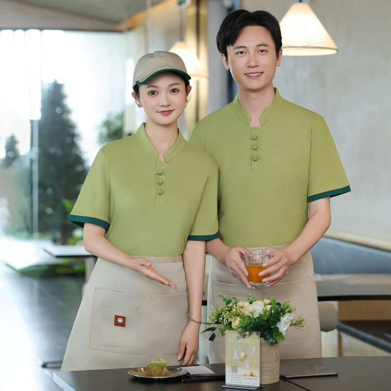 Short Sleeve Work T-Shirt for Restaurant Waiter, Chinese Button Design for Hot Pot & Milk Tea Shop Staff