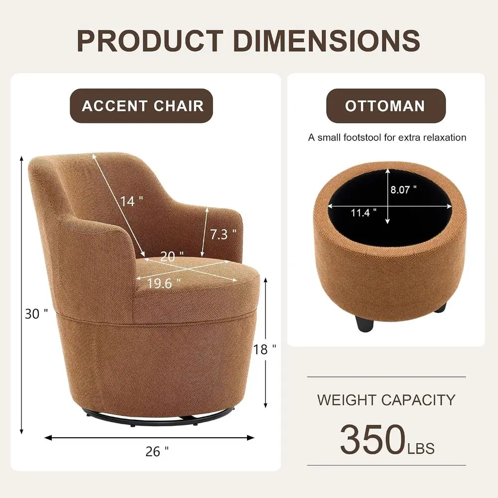 Swivel Accent Chair with Storage Ottoman, Brown | Linen, Small, Barrel, Reading Chair, Vanity Chair, Comy Single Soa, Armchair,