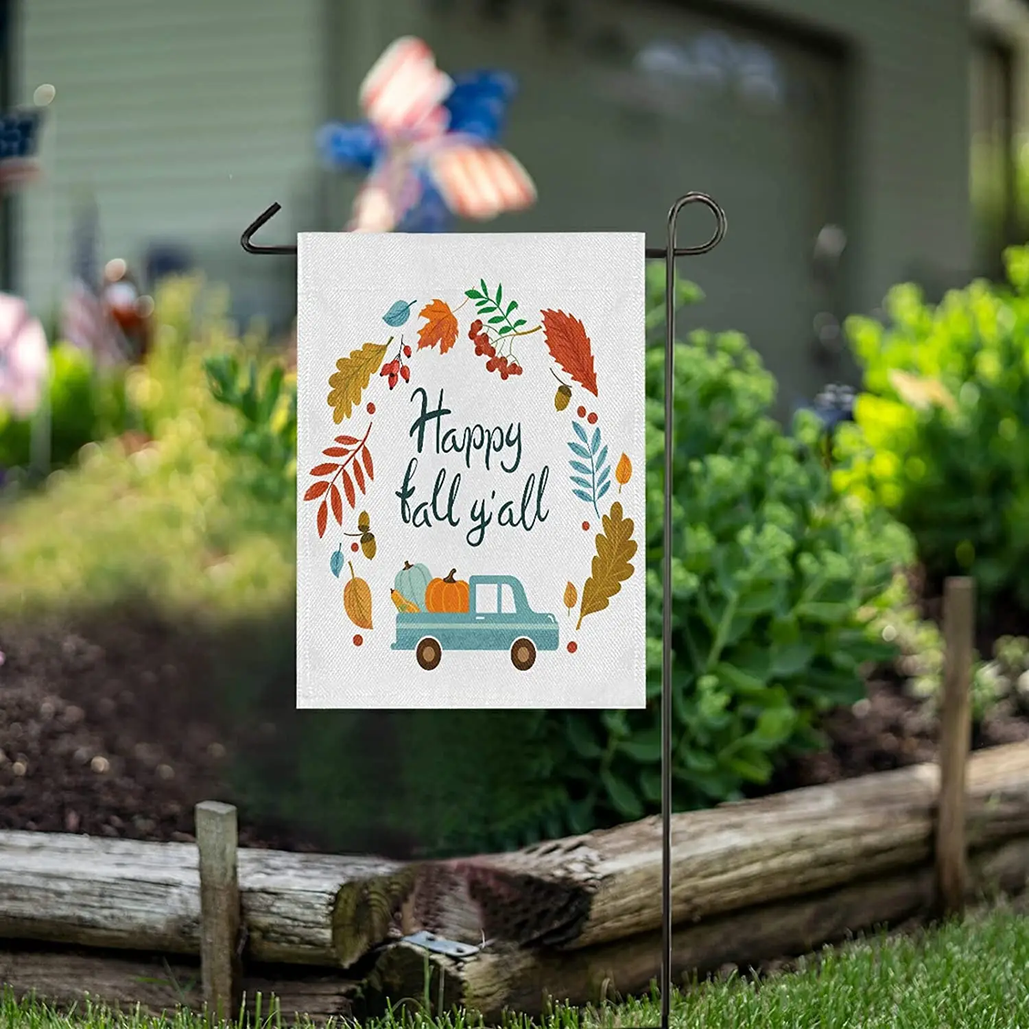 Happy Fall Yall with Car Burlap Garden Flag Double Sided,House Yard Flags,Holiday Seasonal Outdoor Decorative Flag Banner for Ou