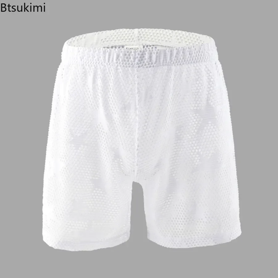 Verão masculino sexy ver através de pijamas shorts homens malha estrela de cinco pontas roupa interior homewear masculino elasticidade sleep bottoms homme