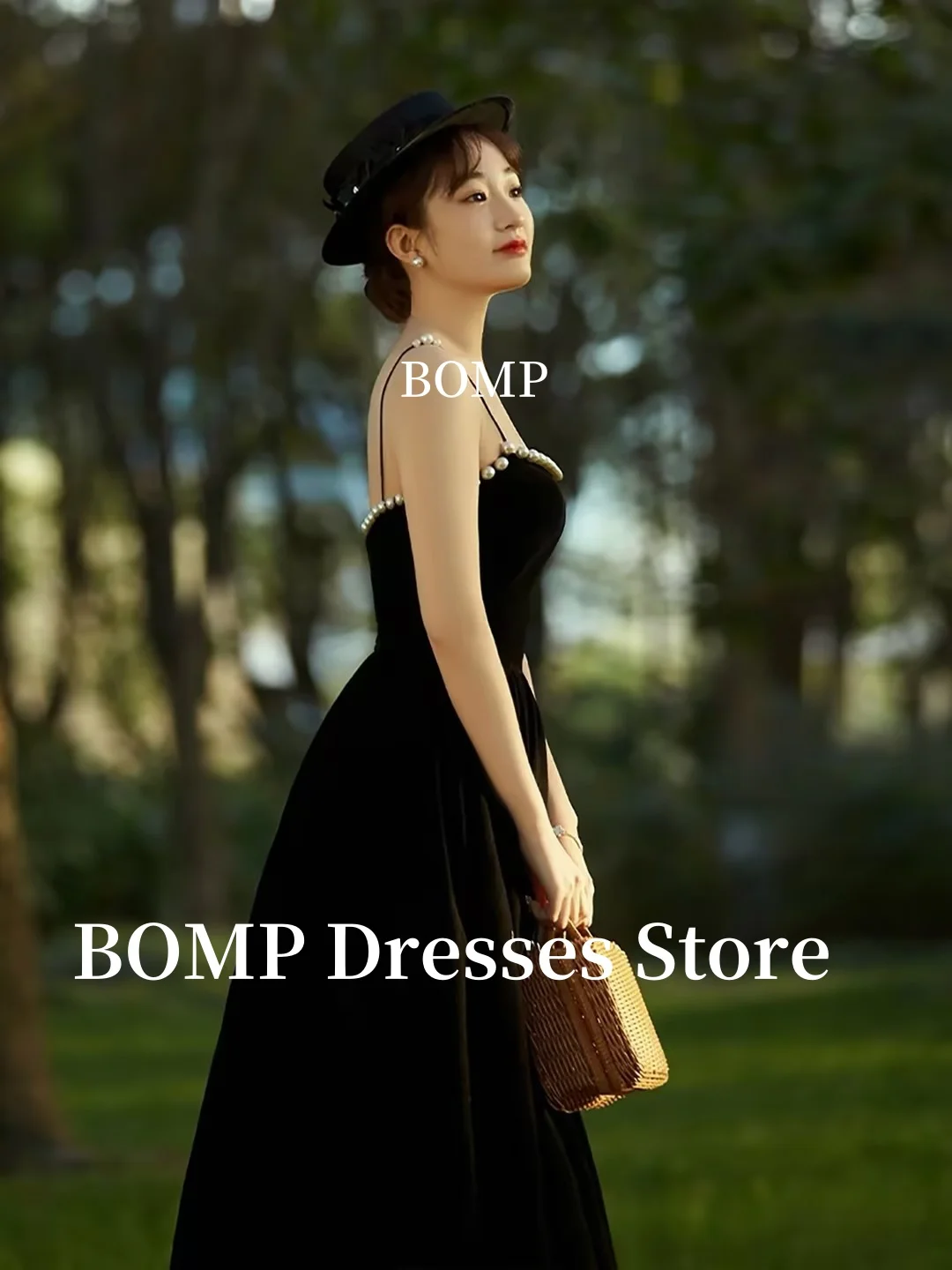 BOMP エレガントなイブニングドレス ベロア ビーズ スパゲッティ ストラップ A ライン ブライダル ドレス 韓国のウェディング ドレスの写真撮影カスタマイズ 웨딩드레스