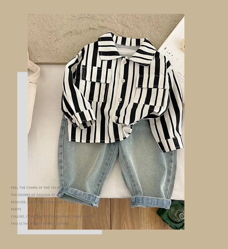 

Boys Striped Shirt Set Spring 2024 New Children's Bottom Three Piece Set Boys Spring Clothing Trendy Fashion Set