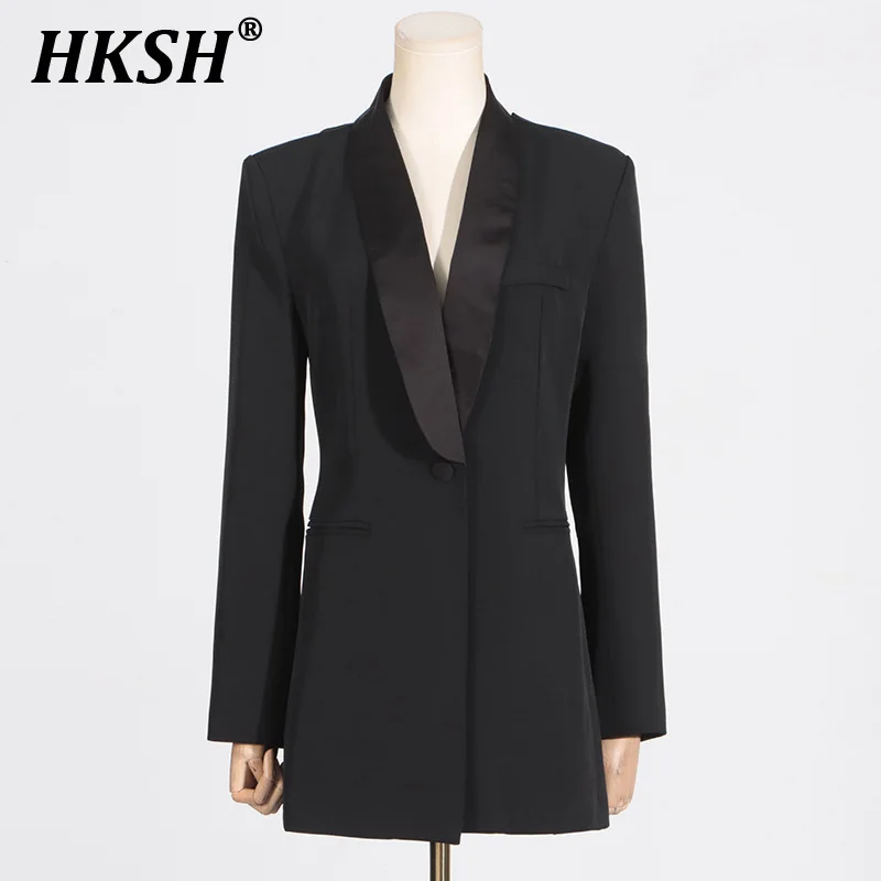 HKSH Fashion Casual Dark Punk Style Blazer Jacket Women's Tide 2024 Autumn New V-neck Pleated Patchwork Backless High-end HK3054