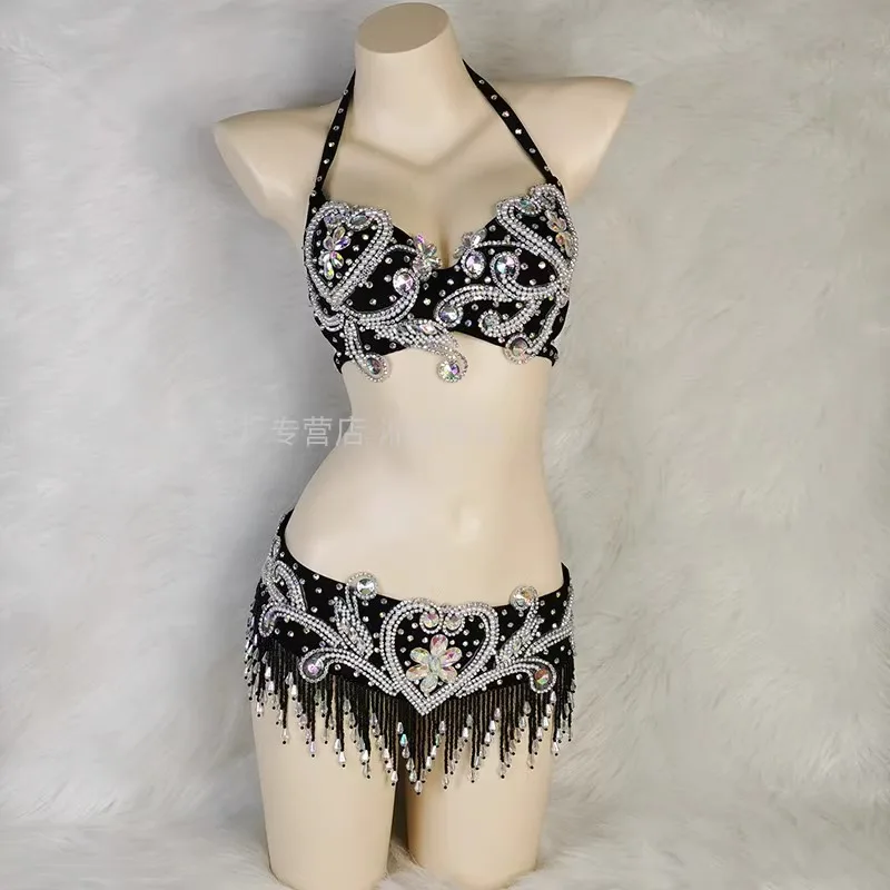 customized runway show sexy oriental belly dance costume high-end handmade sequin performance set women's clothing bras belt