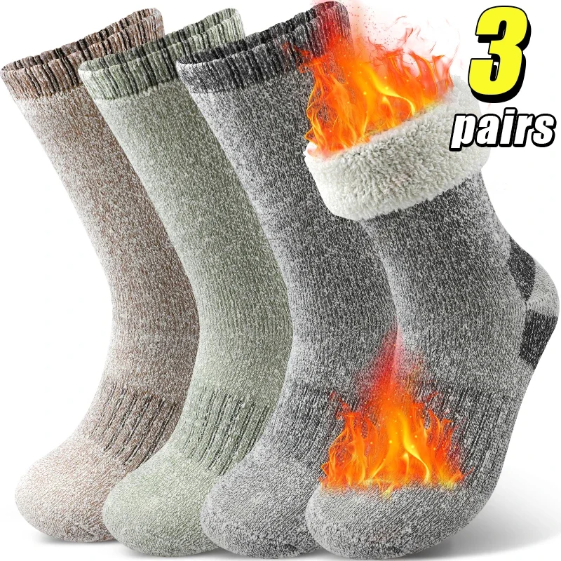 

3Pairs Wool Skiing Sports Thermal Knit Crew Socks Men Winter Super Thick Fleece Lined Mid-Calf Sock for Trail & Snow Activities