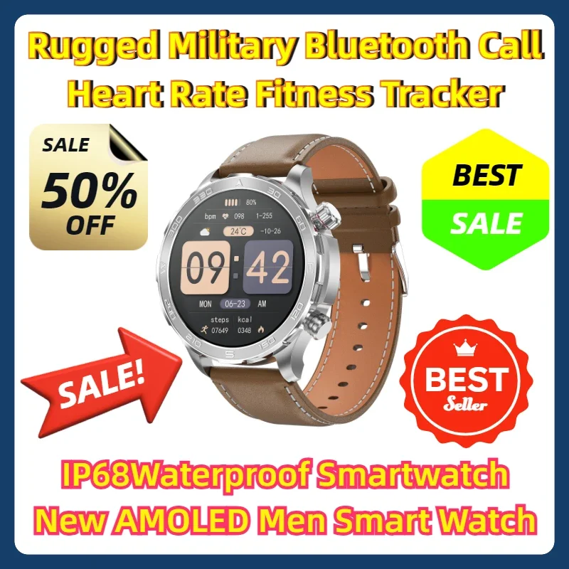 

Rugged Military Bluetooth Call Heart Rate Fitness Tracker IP68Waterproof Smartwatch New AMOLED Men Smart Watch